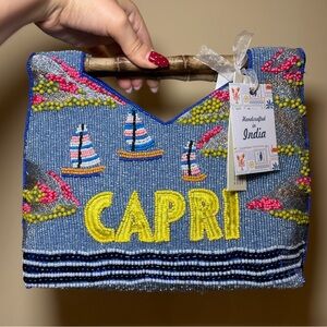 NWT Made in India Capri Italian Summer Vacation Wooden Embellished Beaded Bag